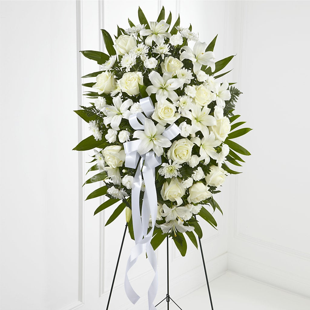 Exquisite Tribute Standing Spray-White Ribbon – HOORAY'S FROM HOLLYWOOD, Hollywood FL